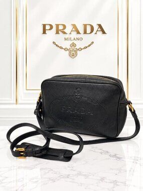 Authentic Prada Leather Logo Camera Crossbody Bag Gold Hardware Vintage Style